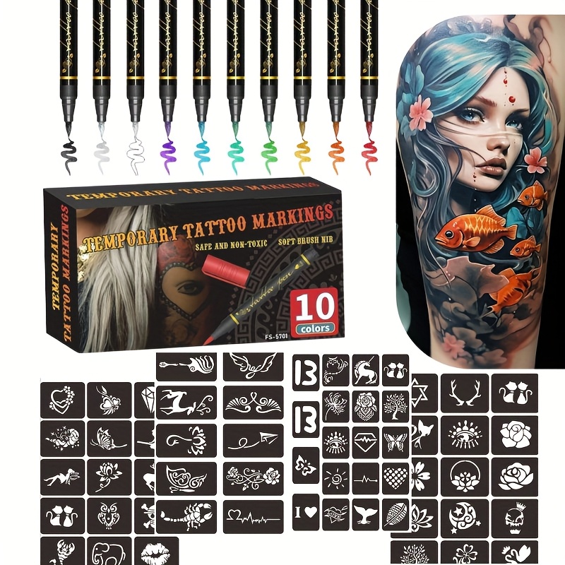 Metallic Paint Set - Temporary tattoo marker set with10colors+59 templates,metallic